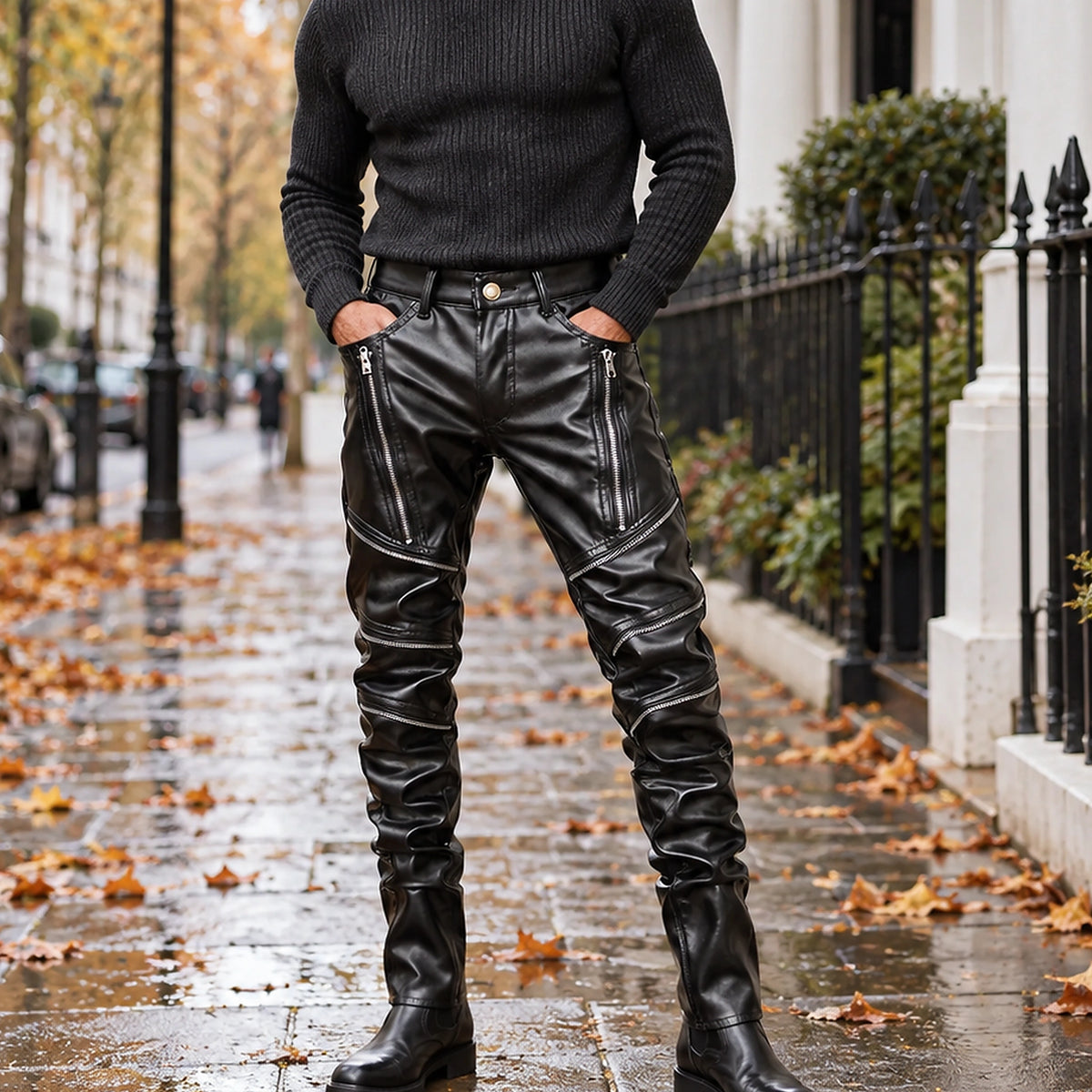 leather trousers — Front view of the full Black trousers worn by an adult model in a cool UK autumn street setting