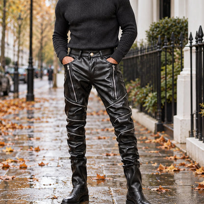 leather trousers — Front view of the full Black trousers worn by an adult model in a cool UK autumn street setting