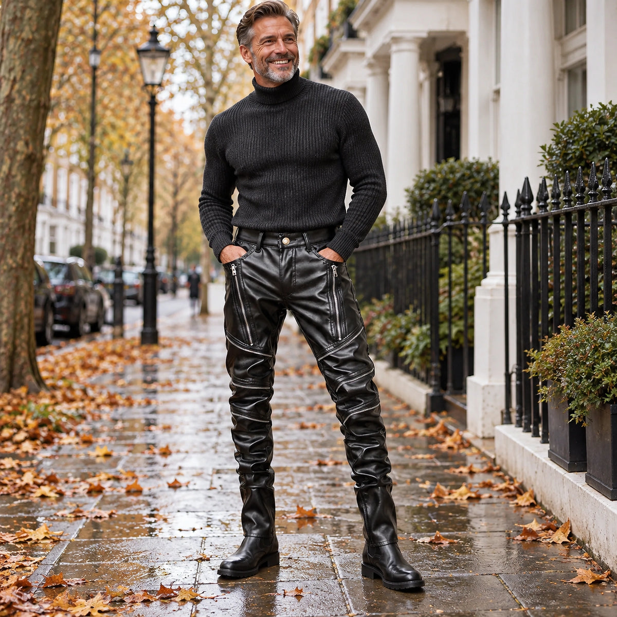 leather trousers — Front full length view of a happy model wearing the Black Liam Slim Fit Faux Moto Biker with — view 2