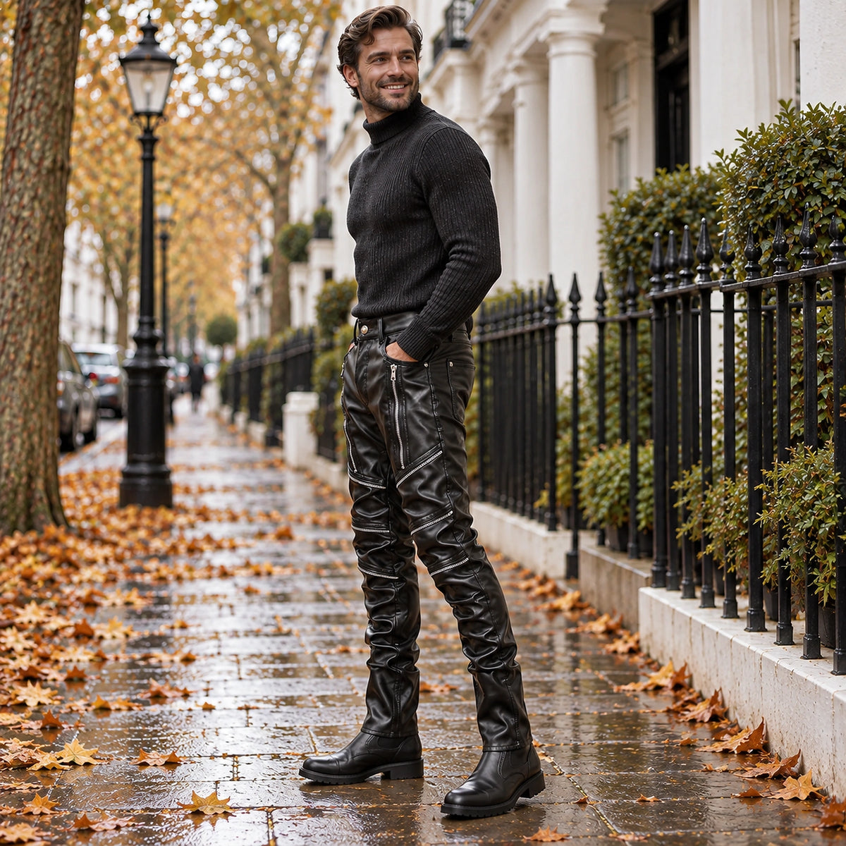leather trousers — Side full length view of the Black garment worn by a happy adult model in cool UK autumn setting — view 3