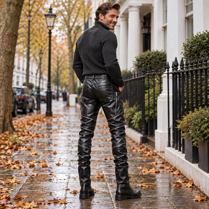 leather trousers — Back full length view of the Black garment worn by a happy adult model in cool UK autumn setting — view 4