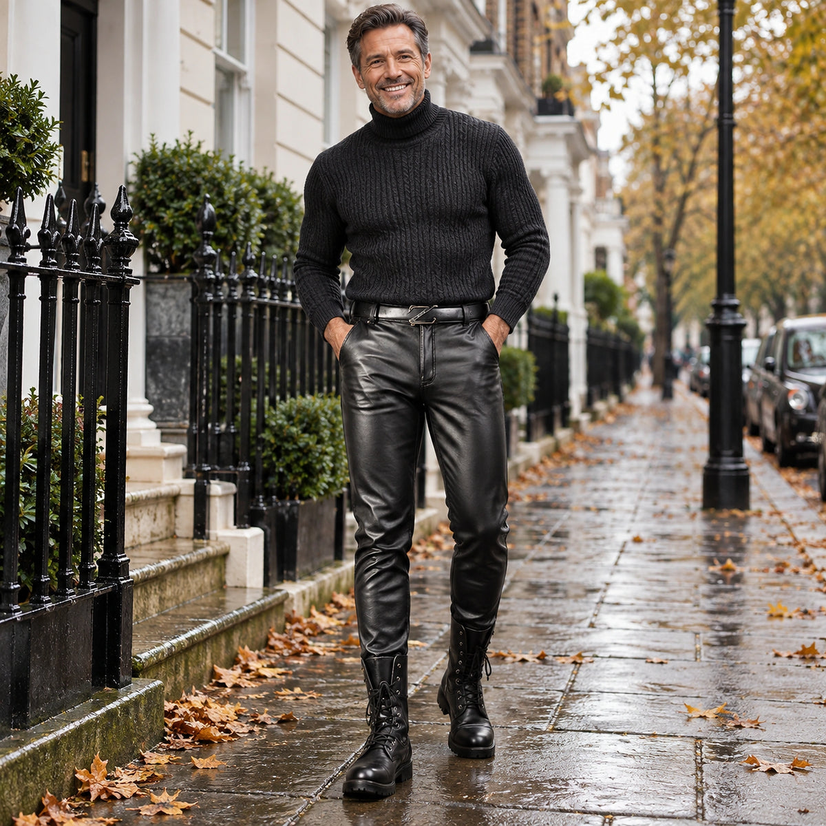 Front full length view of a happy model wearing the Black Lucas Slim Fit Faux Biker Leather Trousers in cool UK — view 2