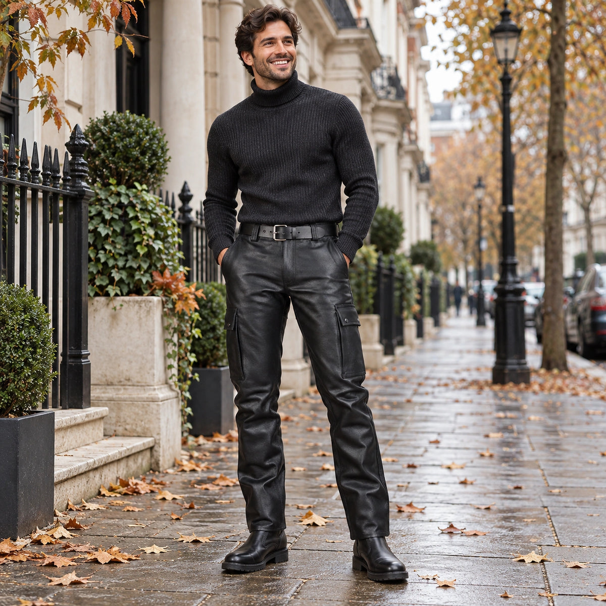 Front full length view of a happy model wearing the Black Noah Faux Slim Leather Trousers in cool UK autumn setting — view 2