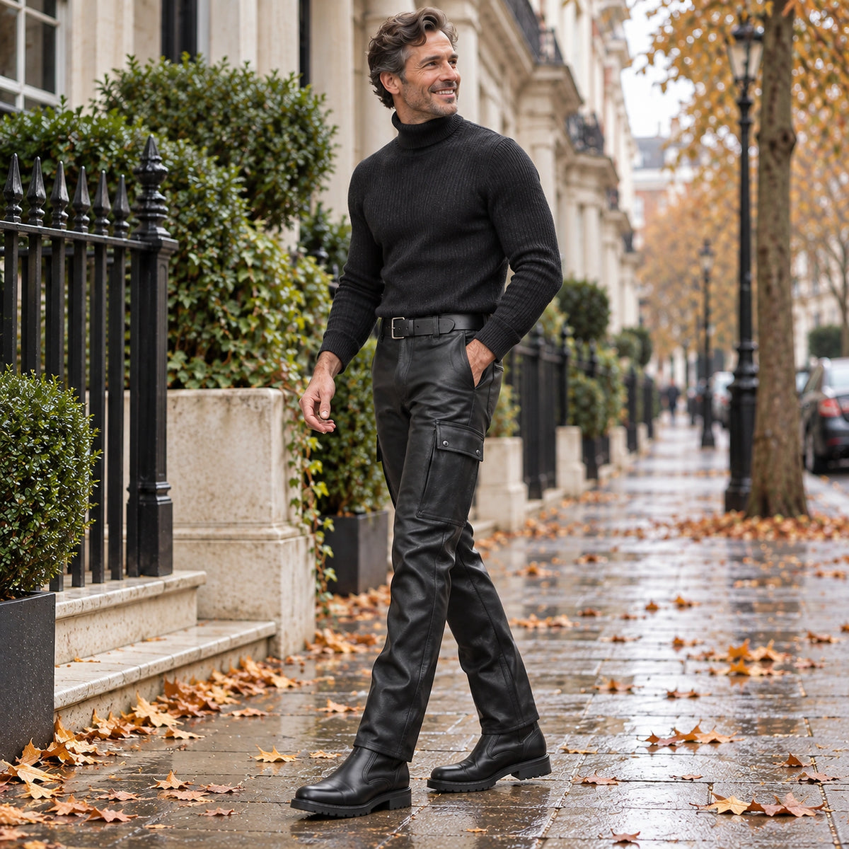 leather trousers — Side full length view of the Black garment worn by a happy adult model in cool UK autumn setting — view 3