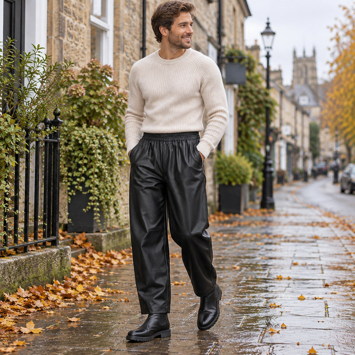 leather trousers — Side full length view of the Black garment worn by a happy adult model in cool UK autumn setting — view 7