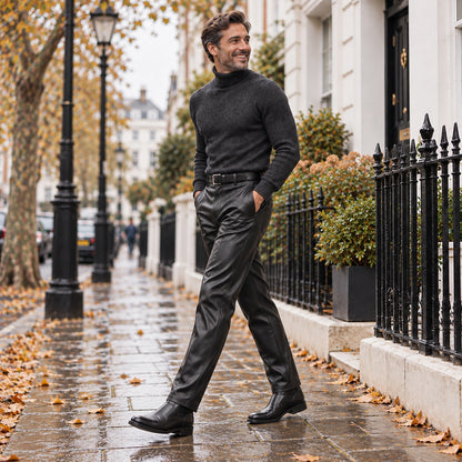 leather trousers — Side full length view of the Black garment worn by a happy adult model in cool UK autumn setting — view 3
