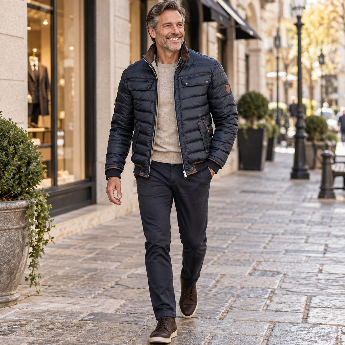 Happy adult model wearing the full Navy Blue Mason Quilted High Collar Pocket Jacket in a cool UK autumn setting — view 2