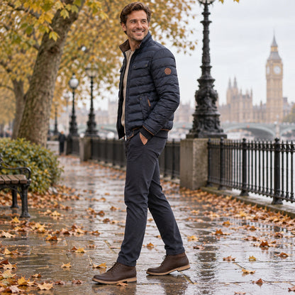 Side full length view of the Navy Blue garment worn by a happy adult model in cool UK autumn setting — view 3
