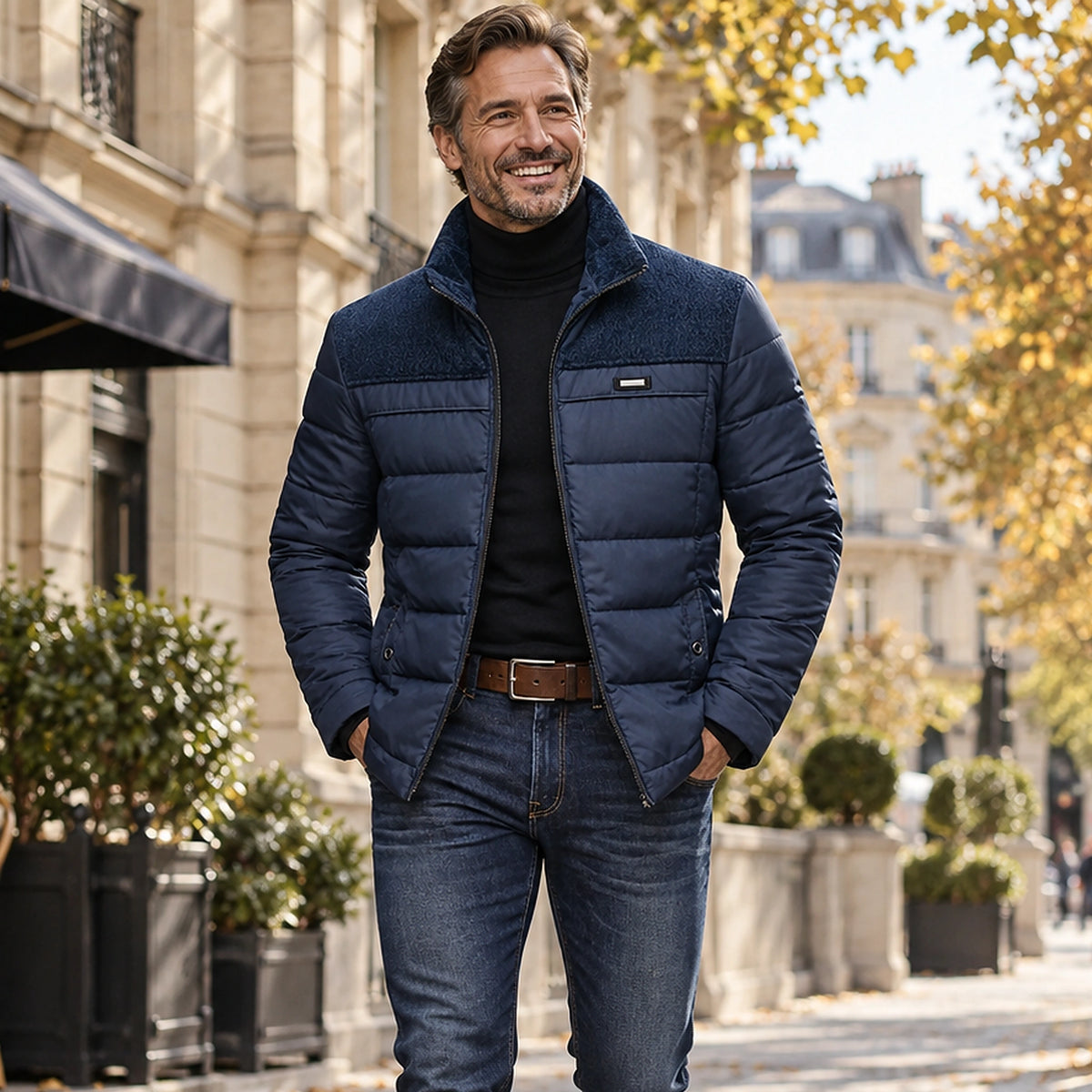 Jacket focused front view of the full Navy Blue Men’s Quilted Fleece Lined Winter worn by a happy adult model in UK autumn