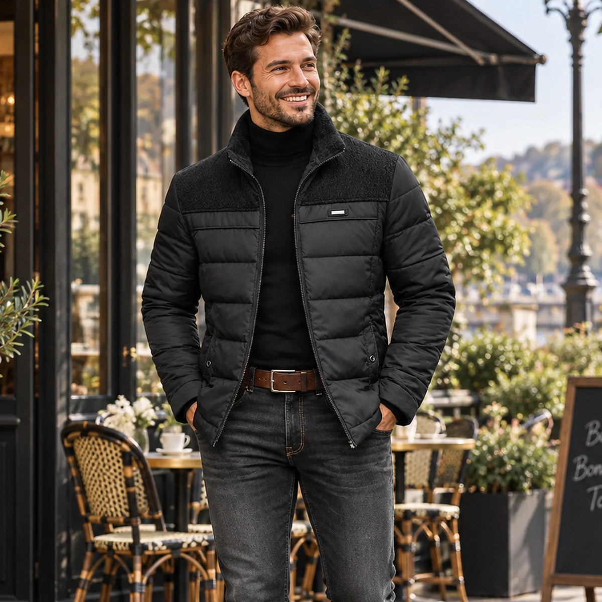 Jacket focused front view of the full Black Men’s Quilted Fleece Lined Winter worn by a happy adult model in UK — view 2