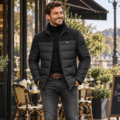 Jacket focused front view of the full Black Men’s Quilted Fleece Lined Winter worn by a happy adult model in UK — view 2