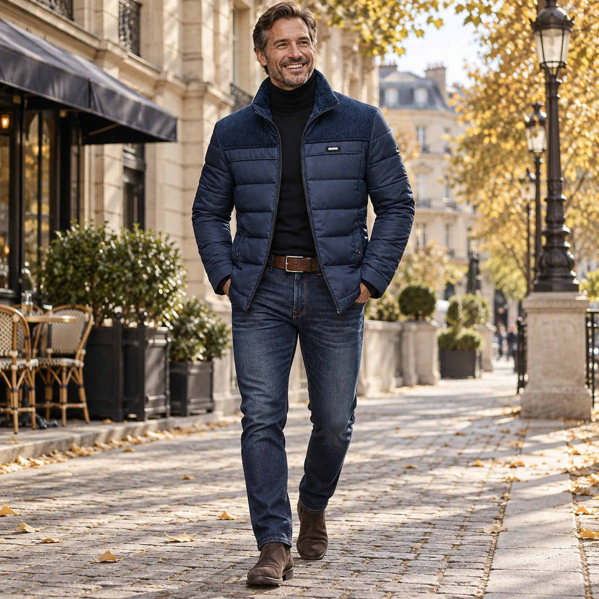 Happy adult model wearing the full Navy Blue Men’s Quilted Fleece Lined Winter Jacket on a cool UK autumn street — view 3