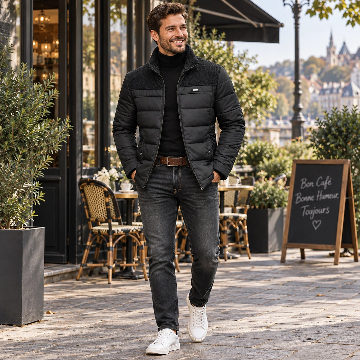 Happy adult model wearing the full Black Men’s Quilted Fleece Lined Winter Jacket on a cool UK autumn street — view 4