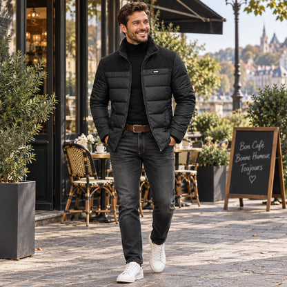 Happy adult model wearing the full Black Men’s Quilted Fleece Lined Winter Jacket on a cool UK autumn street — view 4