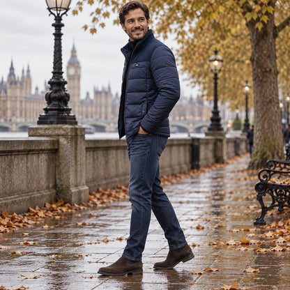Side full length view of the Navy Blue garment worn by a happy adult model in cool UK autumn setting — view 5