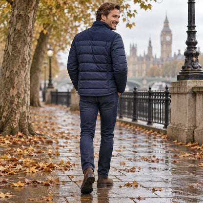 Back full length view of the Navy Blue garment worn by a happy adult model in cool UK autumn setting — view 6
