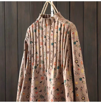 Women's A line knit midi jumper dress with floral pattern, hanging on wooden background — view 15 — view 19