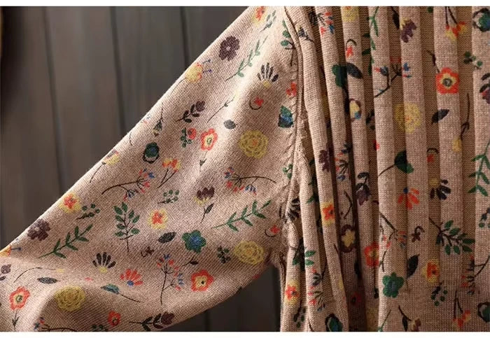 Floral patterned knit fabric of women's A line midi jumper dress, close up view — 19 — view 23