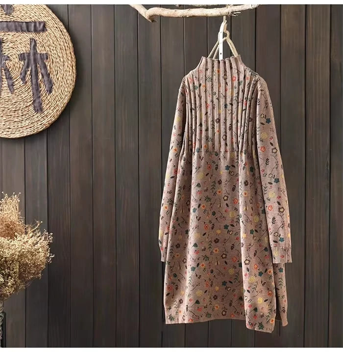 A Line knit mid calf midi jumper dress with colourful floral pattern, hanging on wooden wall — view 21 — view 25