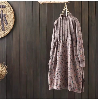 Knit midi jumper dress with floral pattern, hanging against a wooden wall — view 25 — view 29