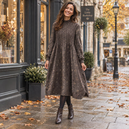 Women's A Line Knit Mid Calf Midi Jumper Dress in Coffee, worn by happy model UK autumn setting — view 3