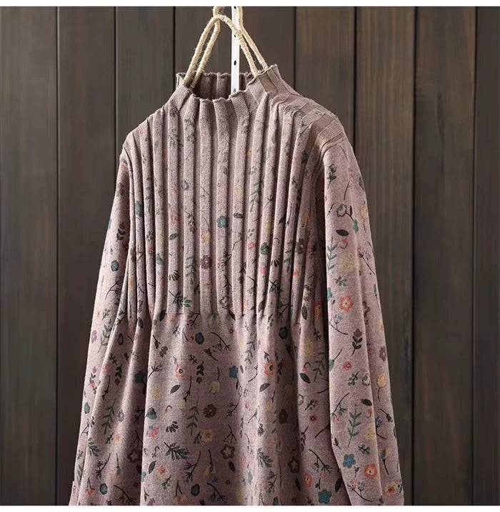 A Line knit midi jumper dress with floral pattern and ribbed texture, hanging on wooden wall — view 26 — view 30