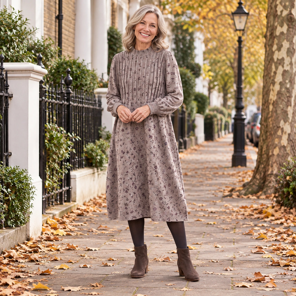 Women's A Line Knit Mid Calf Midi Jumper Dress in Cameo Brown, worn by happy model UK autumn setting — view 4