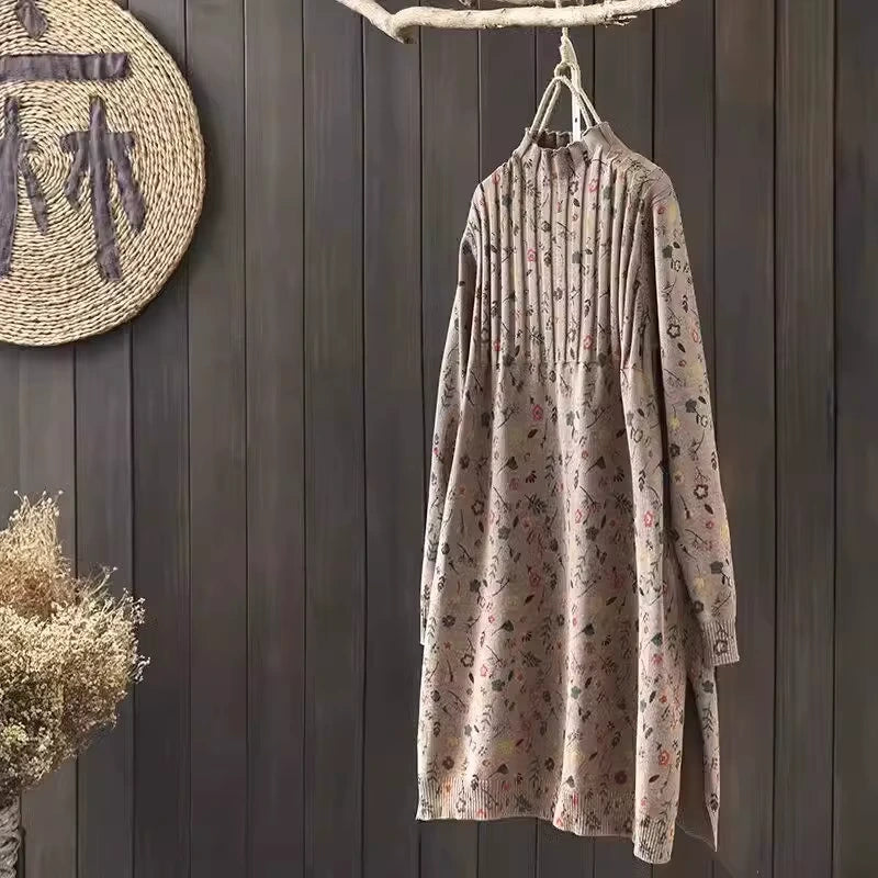 A Line knit midi jumper dress with floral pattern, hanging on wooden hanger — view 5