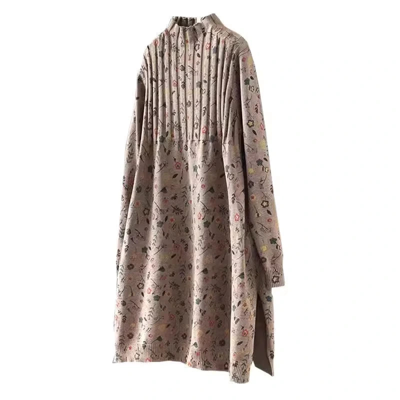 A Line knit mid calf midi jumper dress with floral pattern and pleated design — view 5 — view 9