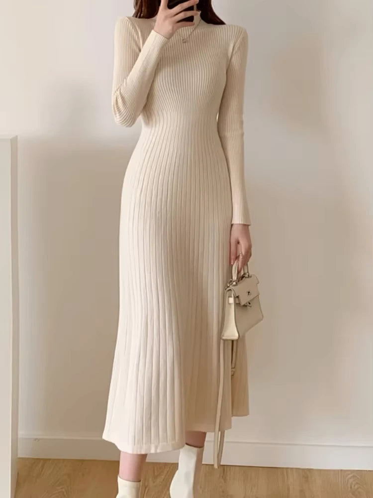 Cream knitted A line midi jumper dress with half high collar, full length view — 7 — view 10