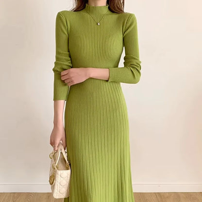 Green A line knitted half high collar midi jumper dress, long sleeves, front view — 10 — view 13