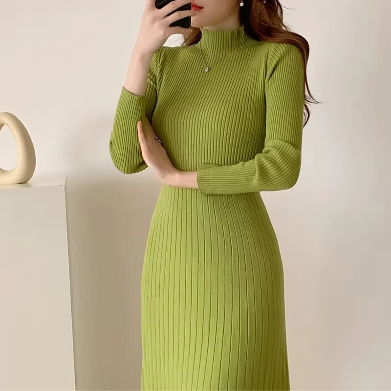 Green A line knitted midi jumper dress with half high collar, long sleeves, ribbed texture — view 11 — view 14