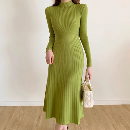Women's A Line knitted midi jumper dress in green, featuring half high collar and long sleeves — view 13 — view 16