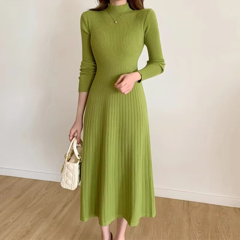 Knitted green A line midi jumper dress with half high collar, long sleeves, and ribbed texture — view 14 — view 17