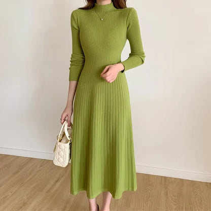 Knitted green A line midi jumper dress with half high collar, long sleeves, and ribbed texture — view 14 — view 17