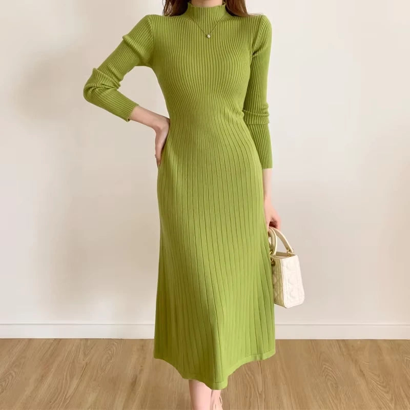 Green A line knitted midi jumper dress with half high collar, long sleeves, and ribbed texture — view 15 — view 18