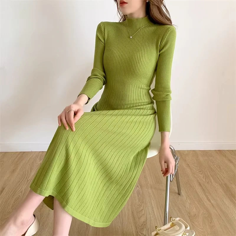 Green knitted A line midi jumper dress with half high collar, seated view — 16 — view 19