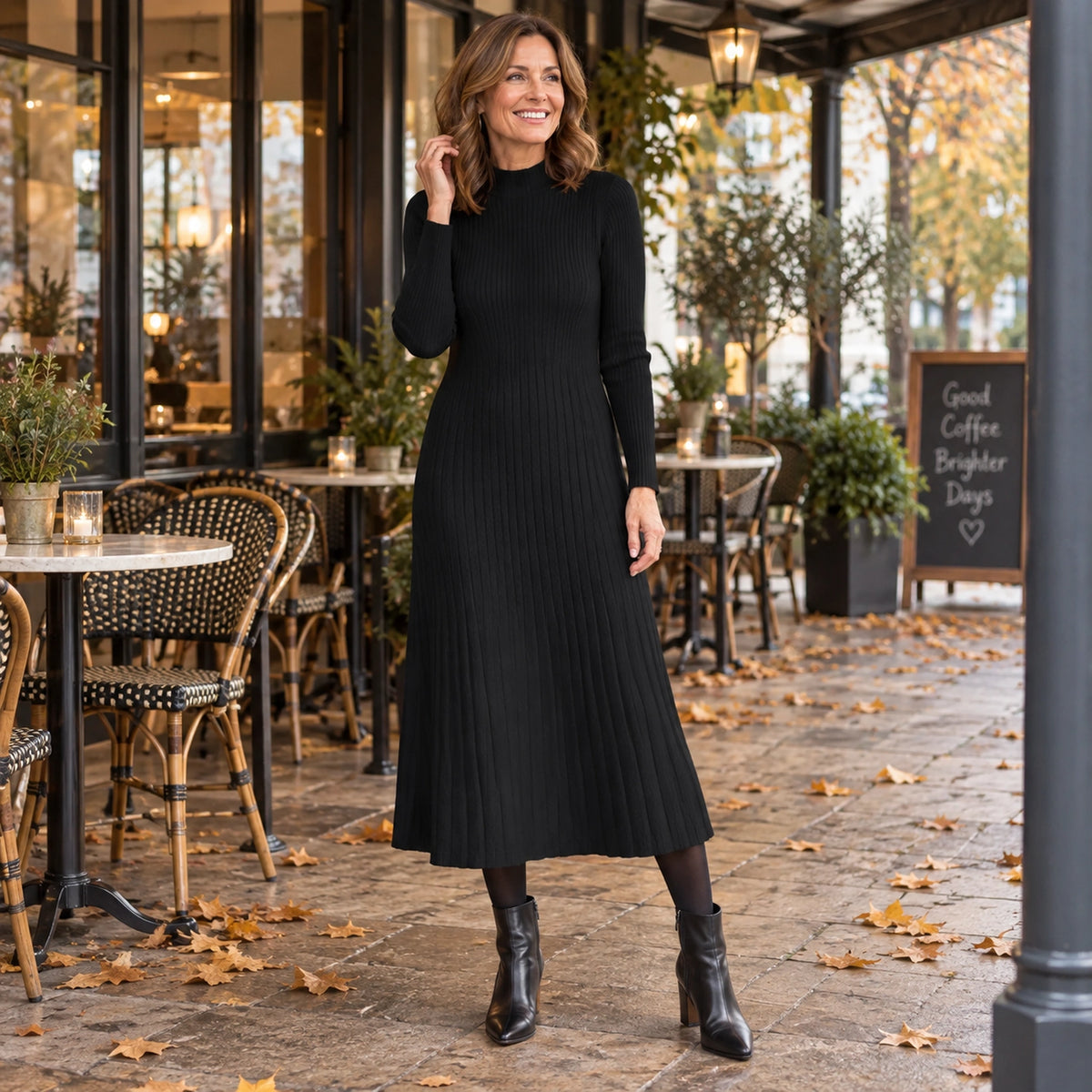 Women's A Line Knitted Half High Collar Midi Jumper Dress in Black, worn by happy model UK autumn setting — view 2