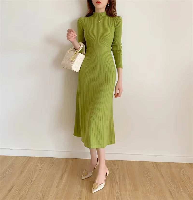 Green A line knitted midi jumper dress with half high collar, full sleeves, and ribbed texture — view 17 — view 20