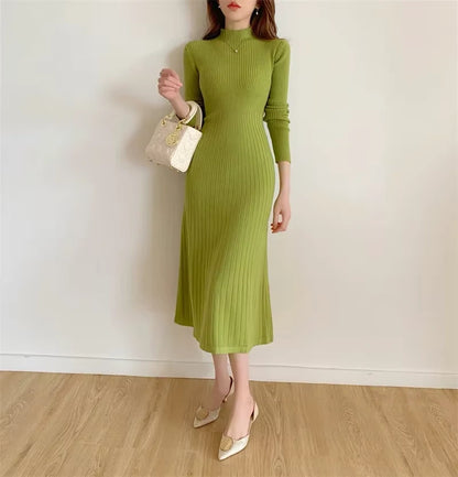 Green A line knitted midi jumper dress with half high collar, full sleeves, and ribbed texture — view 17 — view 20
