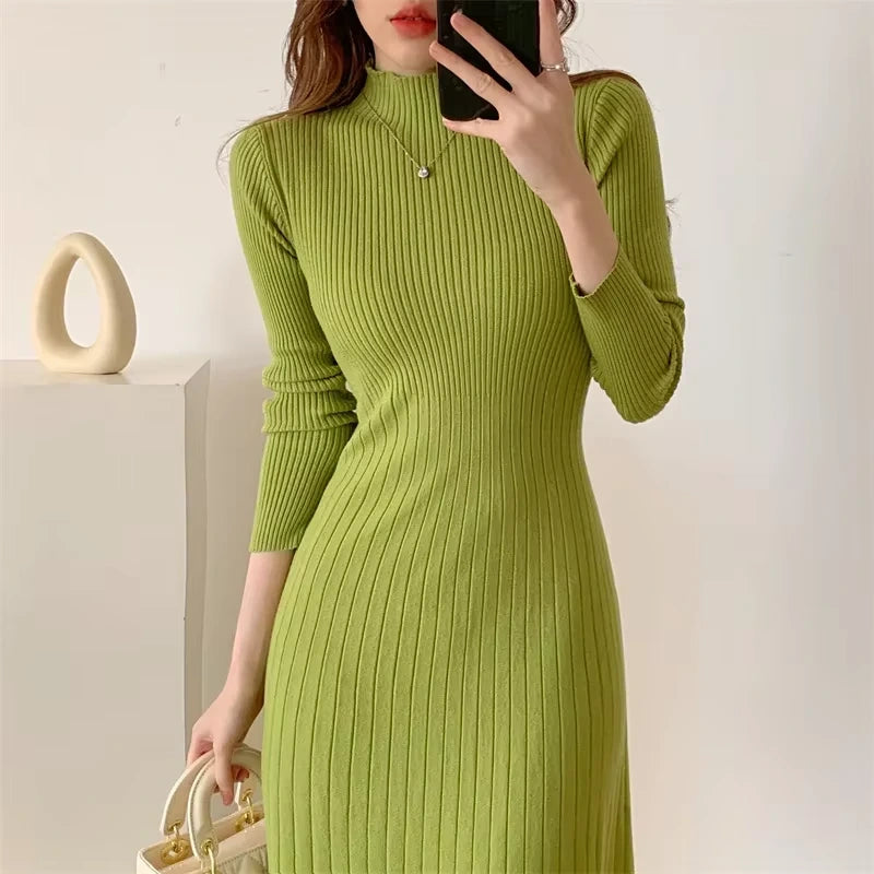 Women's A Line knitted midi jumper dress in ribbed pattern, featuring half high collar — view 19 — view 22