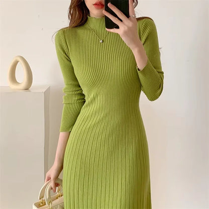 Women's A Line knitted midi jumper dress in ribbed pattern, featuring half high collar — view 19 — view 22