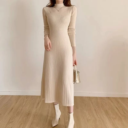 Cream A line knitted midi jumper dress with half high collar, long sleeves, and ribbed texture — view 20 — view 23