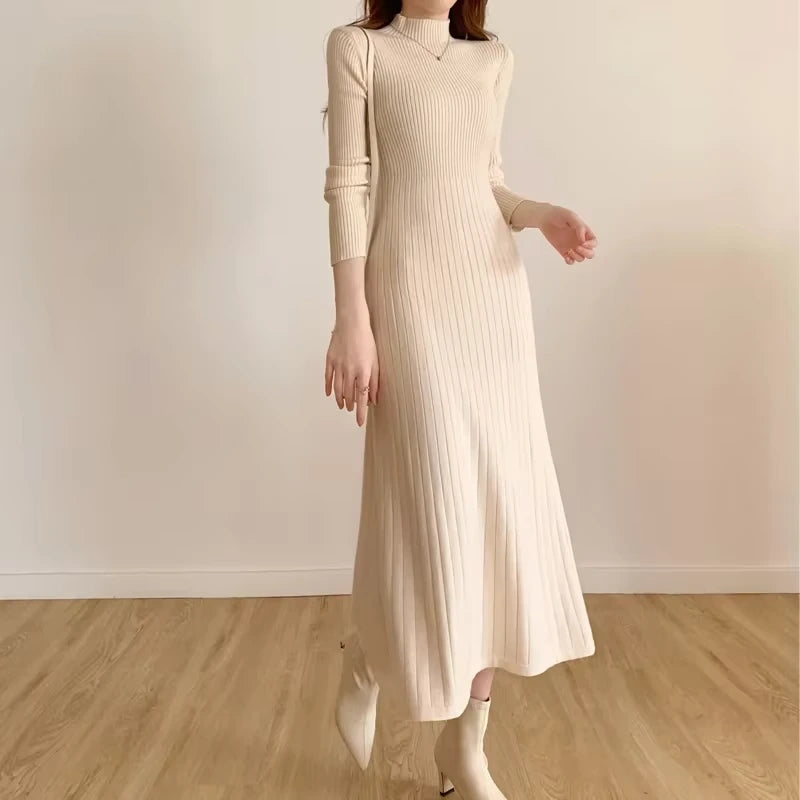 Beige knitted A line midi jumper dress with half high collar, long sleeves, and ribbed texture — view 21 — view 24