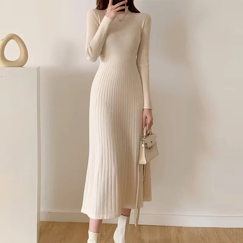 Cream knitted A line midi jumper dress with half high collar, long sleeves, and ribbed texture — view 22 — view 25