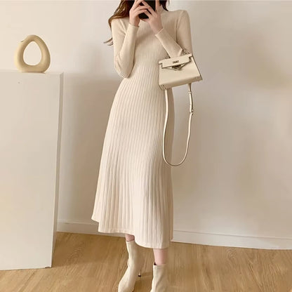 Cream knitted A line midi jumper dress with half high collar — view 23 — view 26