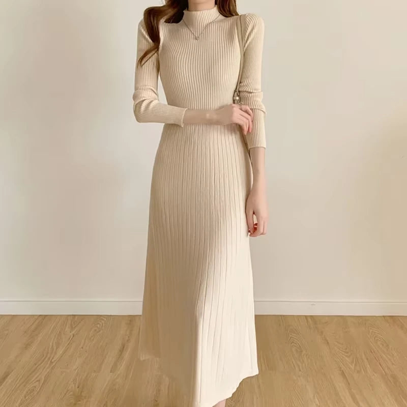 Knitted A line midi jumper dress with half high collar, long sleeves, and ribbed texture — view 24 — view 27