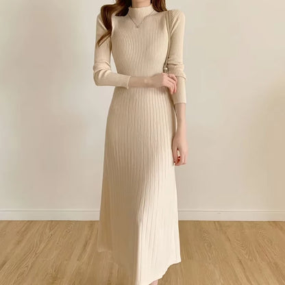 Knitted A line midi jumper dress with half high collar, long sleeves, and ribbed texture — view 24 — view 27