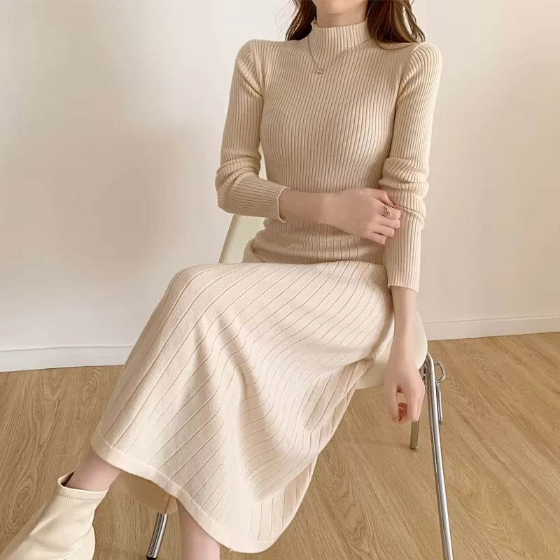 A Line knitted midi jumper dress with half high collar in neutral tone, seated view — 25 — view 28