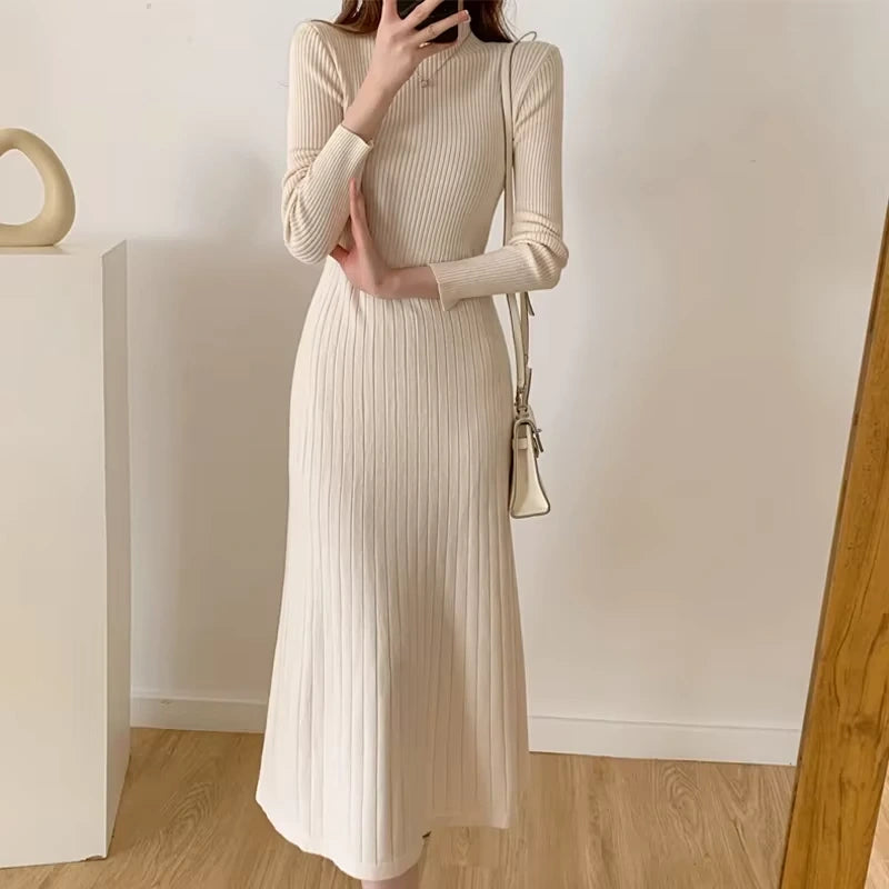 Knitted A line midi jumper dress with half high collar, showcasing ribbed texture and elegant design — view 26 — view 29